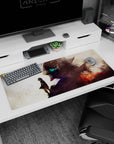 36x16 inches anime desk pad showing a lone child in a fluttering cloak staring up at a giant mech eye.