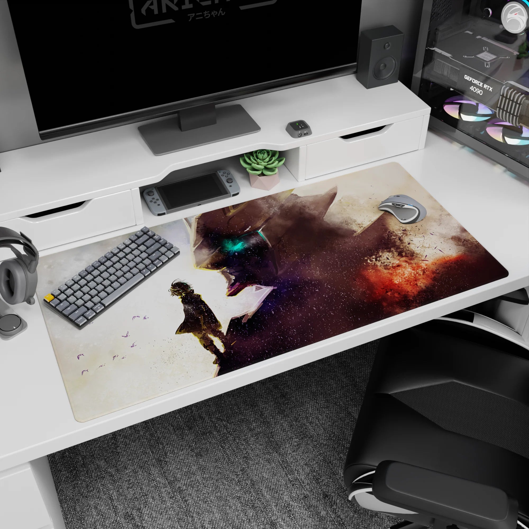 Anime desk pad 40x20 inches showing tiny cloaked silhouette confronting giant robot face with teal eye glow.