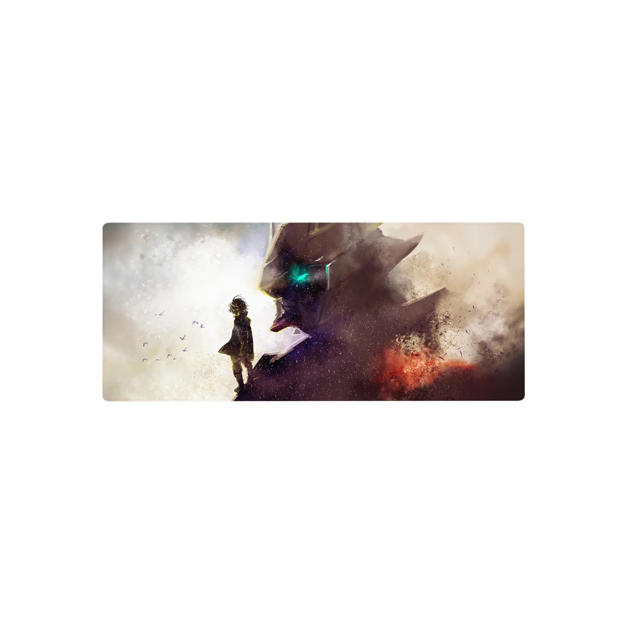 28x12 inches anime mouse pad with cloaked kid facing giant mecha head, teal glowing eye, splatter art.