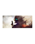 28x12 inches anime mouse pad with cloaked kid facing giant mecha head, teal glowing eye, splatter art.