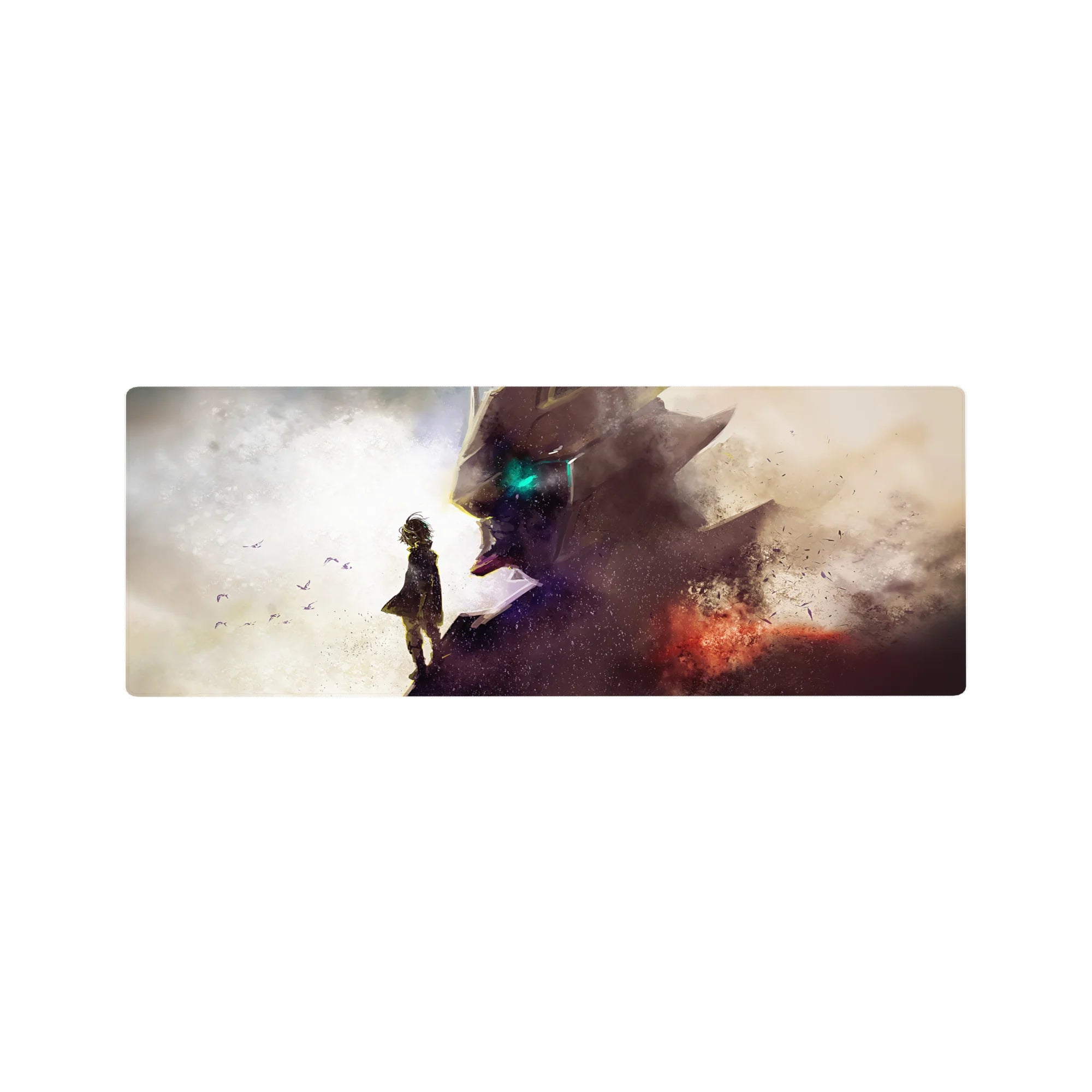 32x12 inches anime mouse pad with lone kid in cloak facing a towering mecha head, teal eye glow.