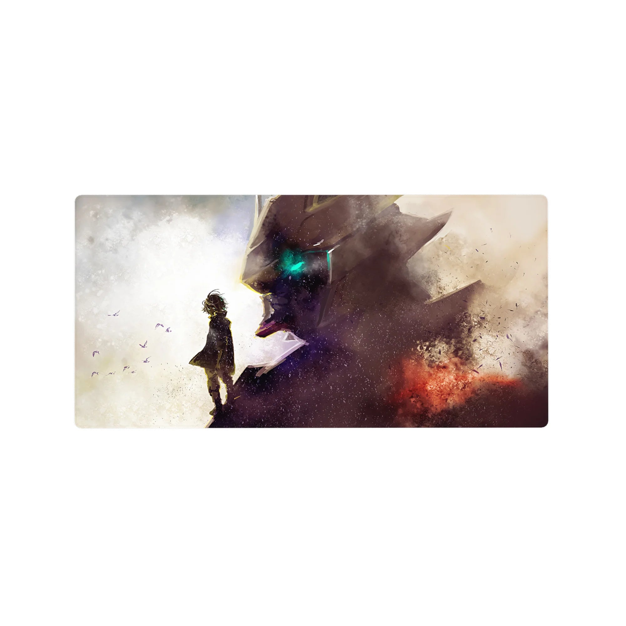 32x16 inches anime mouse pad featuring a cloaked kid facing a towering mecha head with glowing teal eye.