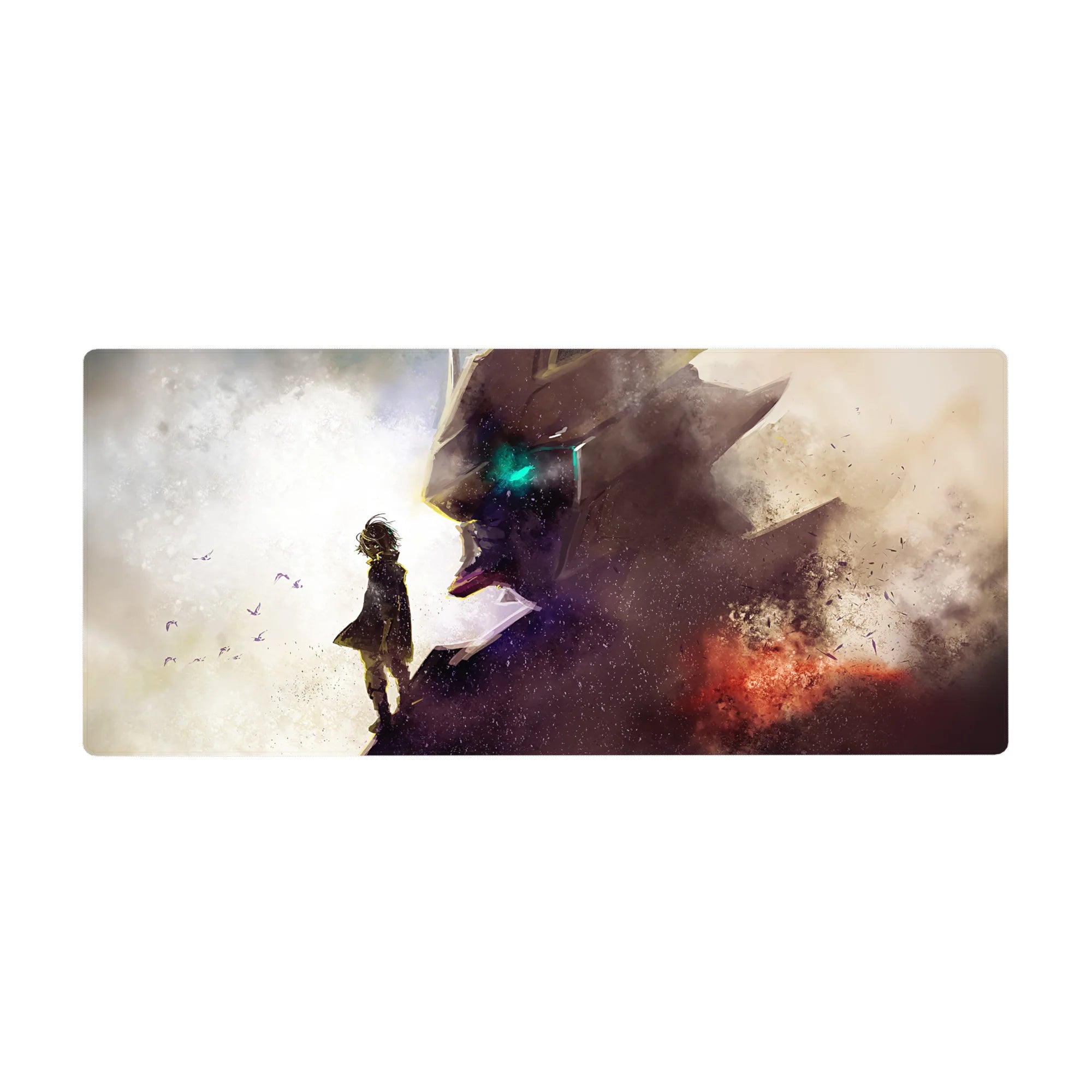 36x16 inches anime desk pad with cloaked kid facing a towering mecha head, teal eye glow, splatter art.