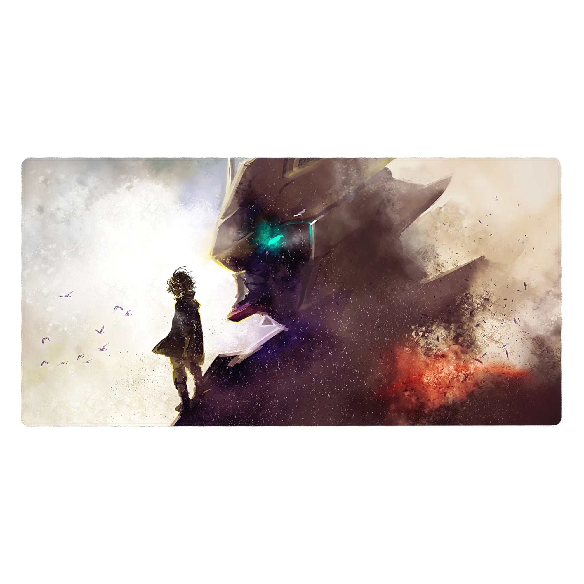 Anime desk pad 40x20 inches with lone cloaked kid facing a towering mecha head, teal glowing eye.