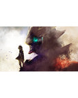 Anime desk pad 40x20 inches with lone cloaked kid facing a towering mecha head, teal glowing eye.