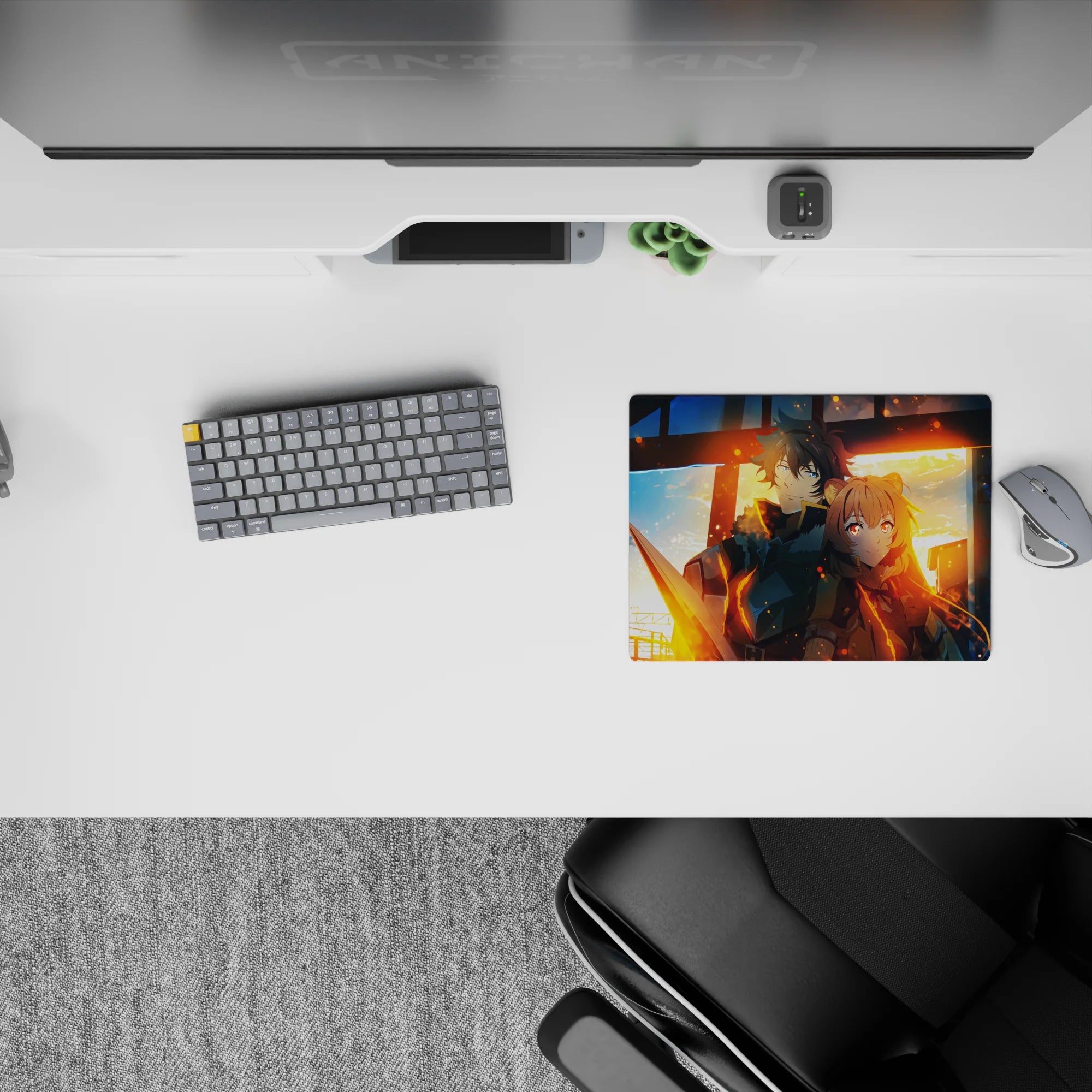 Cinematic anime mouse pad 14x10 inches in blue night and molten gold glow, calm tracking and sparks.