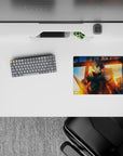 Cinematic anime mouse pad 14x10 inches in blue night and molten gold glow, calm tracking and sparks.