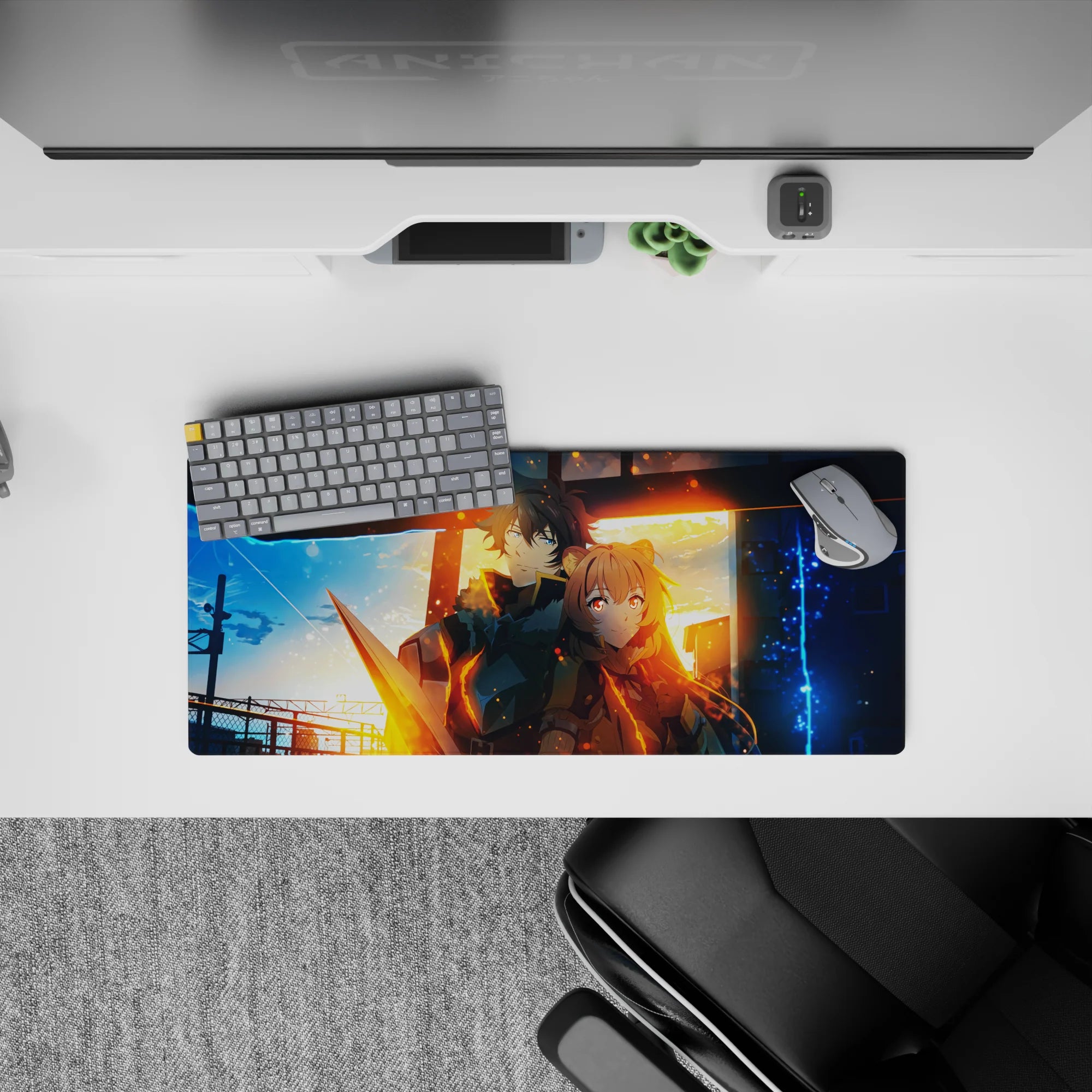 28x12 inches anime mouse pad in cool blue night and molten gold light, ember sparks, cinematic mood.