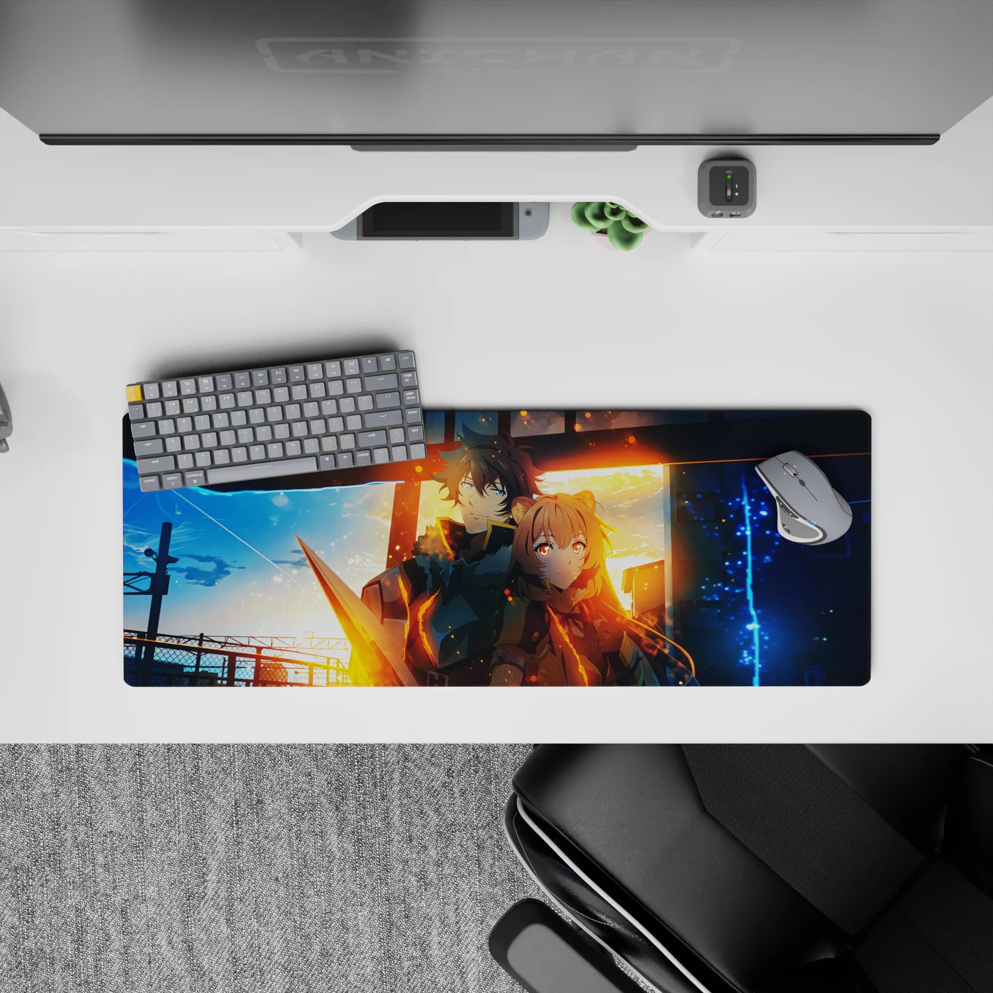 32x12 inches anime mouse pad in blue night and molten gold tones, cinematic glow with drifting embers.