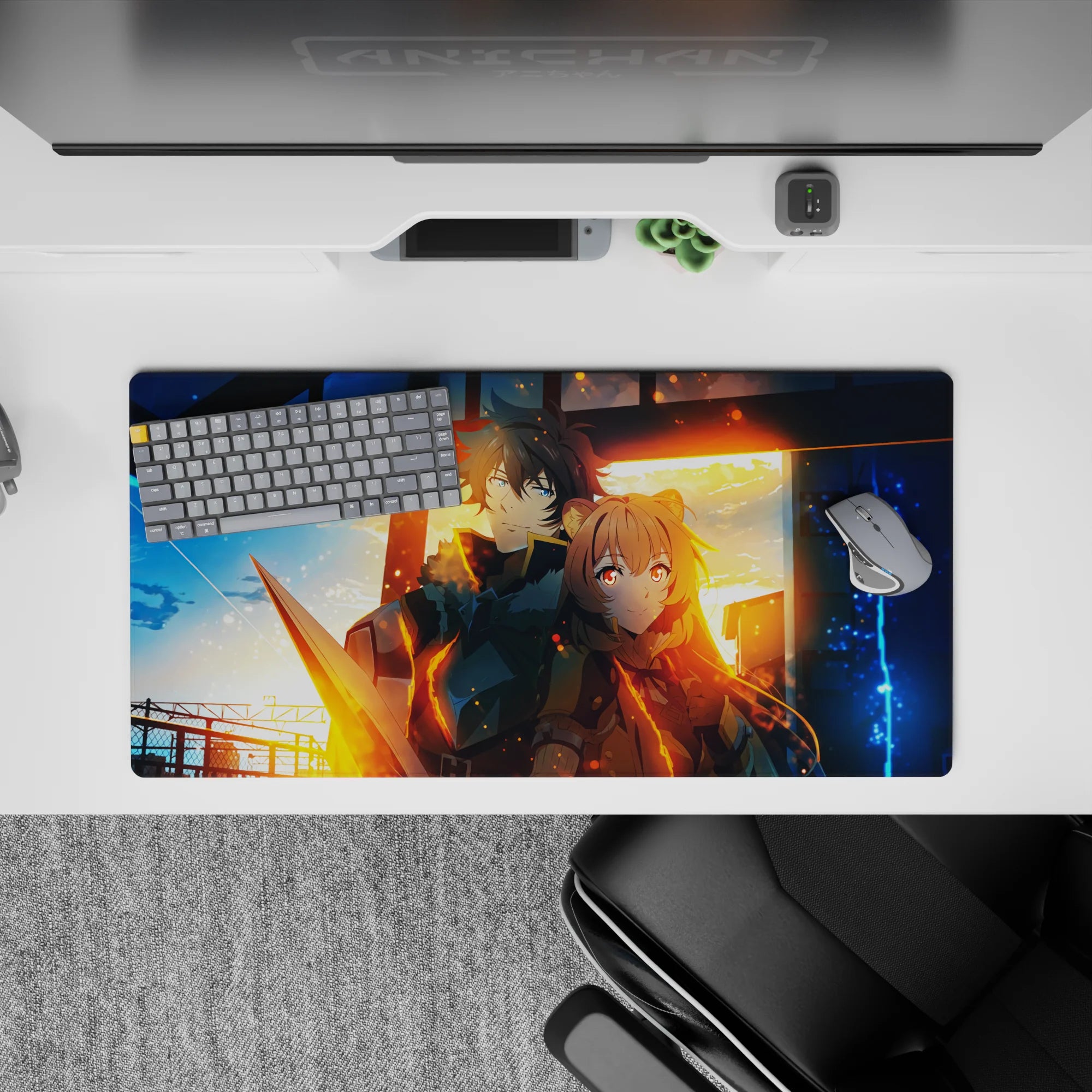 32x16 inches anime mouse pad in blue night and molten gold glow, ember sparks, dramatic finale mood.