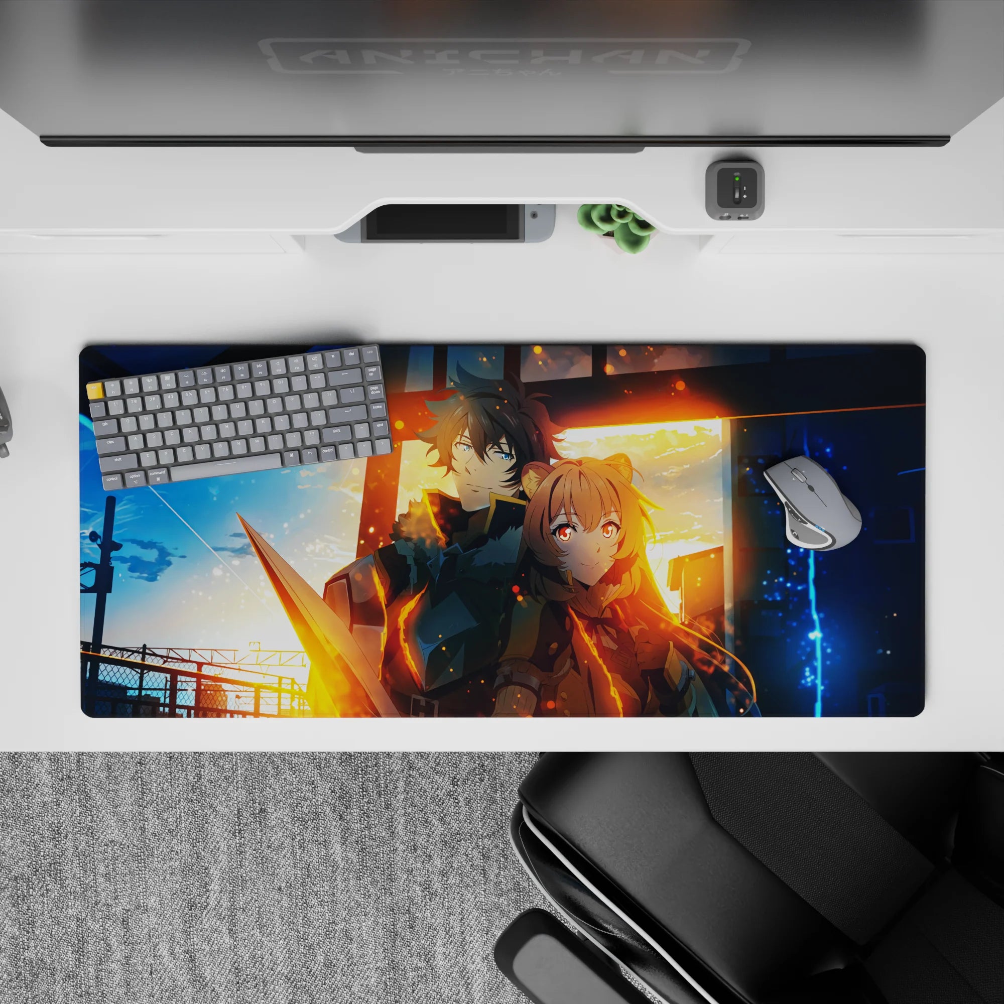 Anime desk pad 36x16 inches in blue-night and molten-gold tones, cinematic glow with drifting sparks.