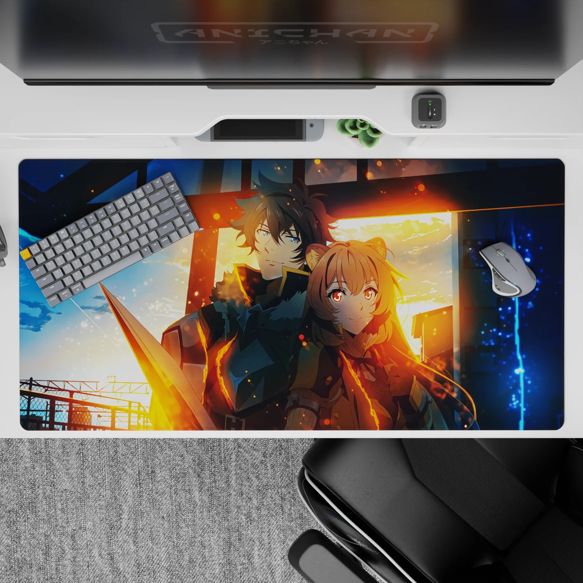 Blue night vs molten gold anime desk pad 40x20 inches, ember sparks and calm tracking mood at the station.