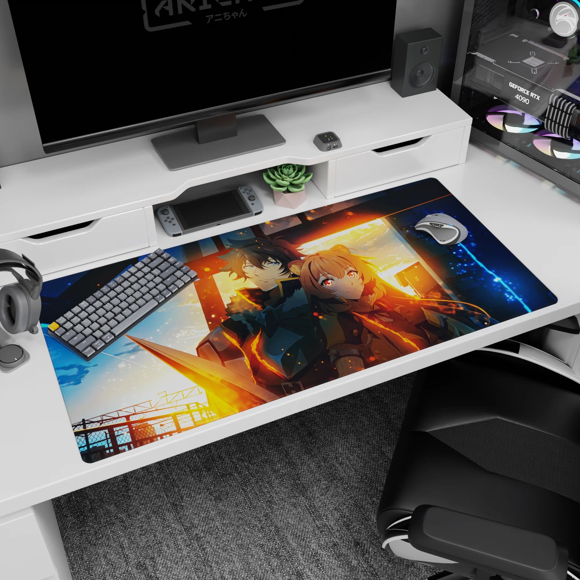 Armored swordsman and fox-eared caped girl at a train station anime desk pad 40x20 inches.
