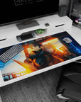 Armored swordsman and fox-eared caped girl at a train station anime desk pad 40x20 inches.