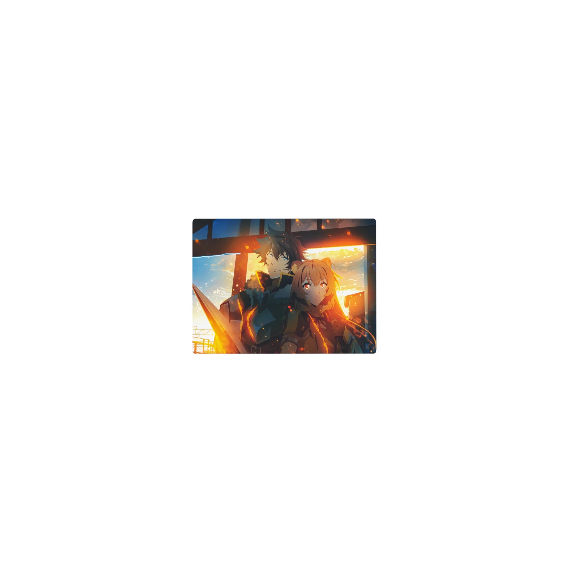 Classic anime mouse pad 14x10 inches with station sunset scene, armored hero and fox-eared girl, embers.