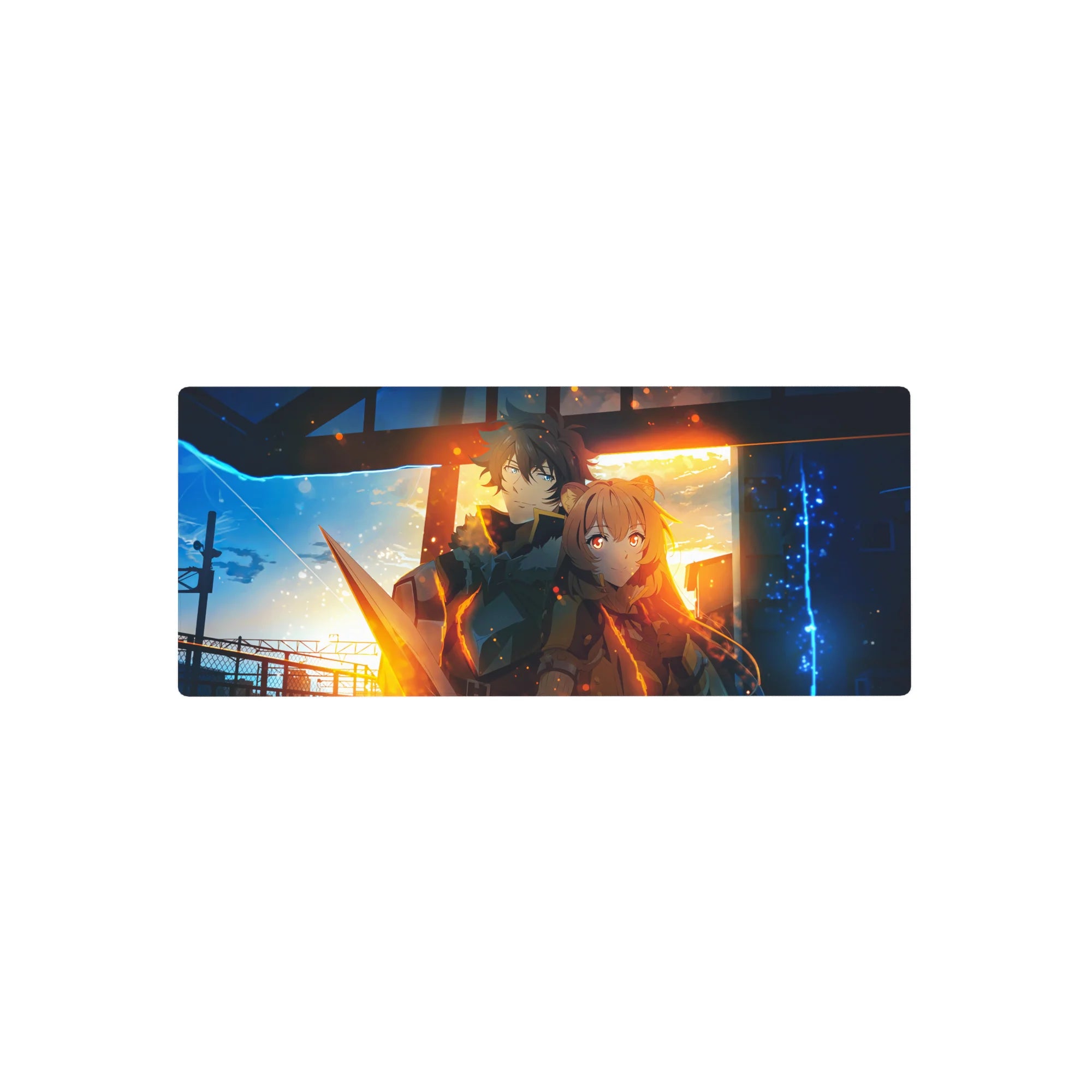 28x12 inches anime mouse pad with armored hero and fox-eared girl at a glowing station sunset scene.