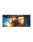 28x12 inches anime mouse pad with armored hero and fox-eared girl at a glowing station sunset scene.