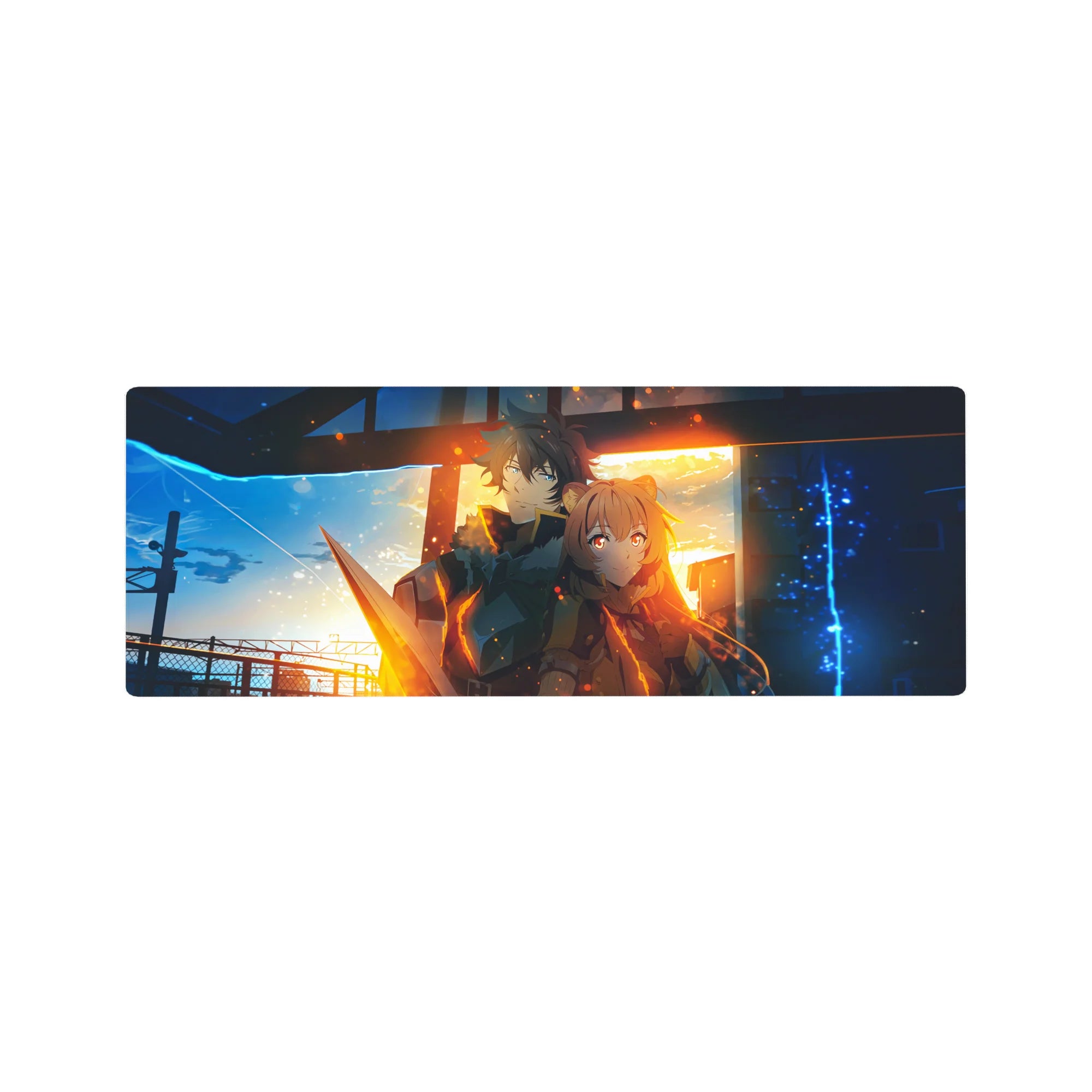 32x12 inches anime mouse pad with sunset station scene, armored hero and fox-eared girl, ember sparks.