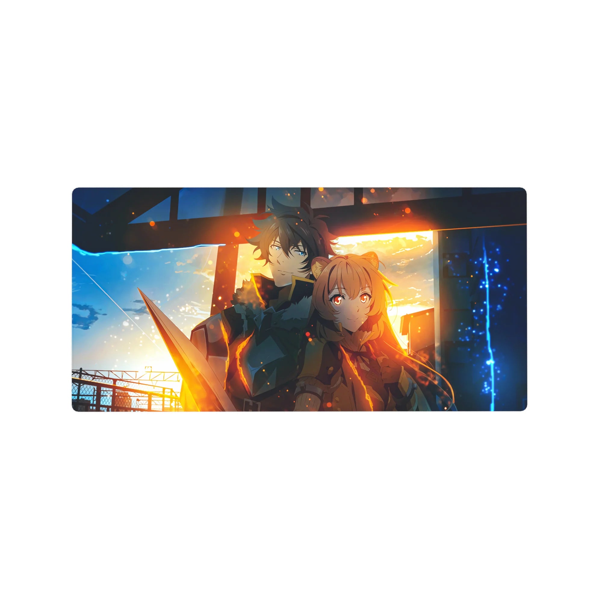 32x16 inches anime mouse pad with cinematic sunset station scene, armored hero and fox-eared girl.