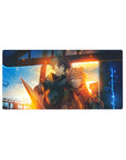 32x16 inches anime mouse pad with cinematic sunset station scene, armored hero and fox-eared girl.