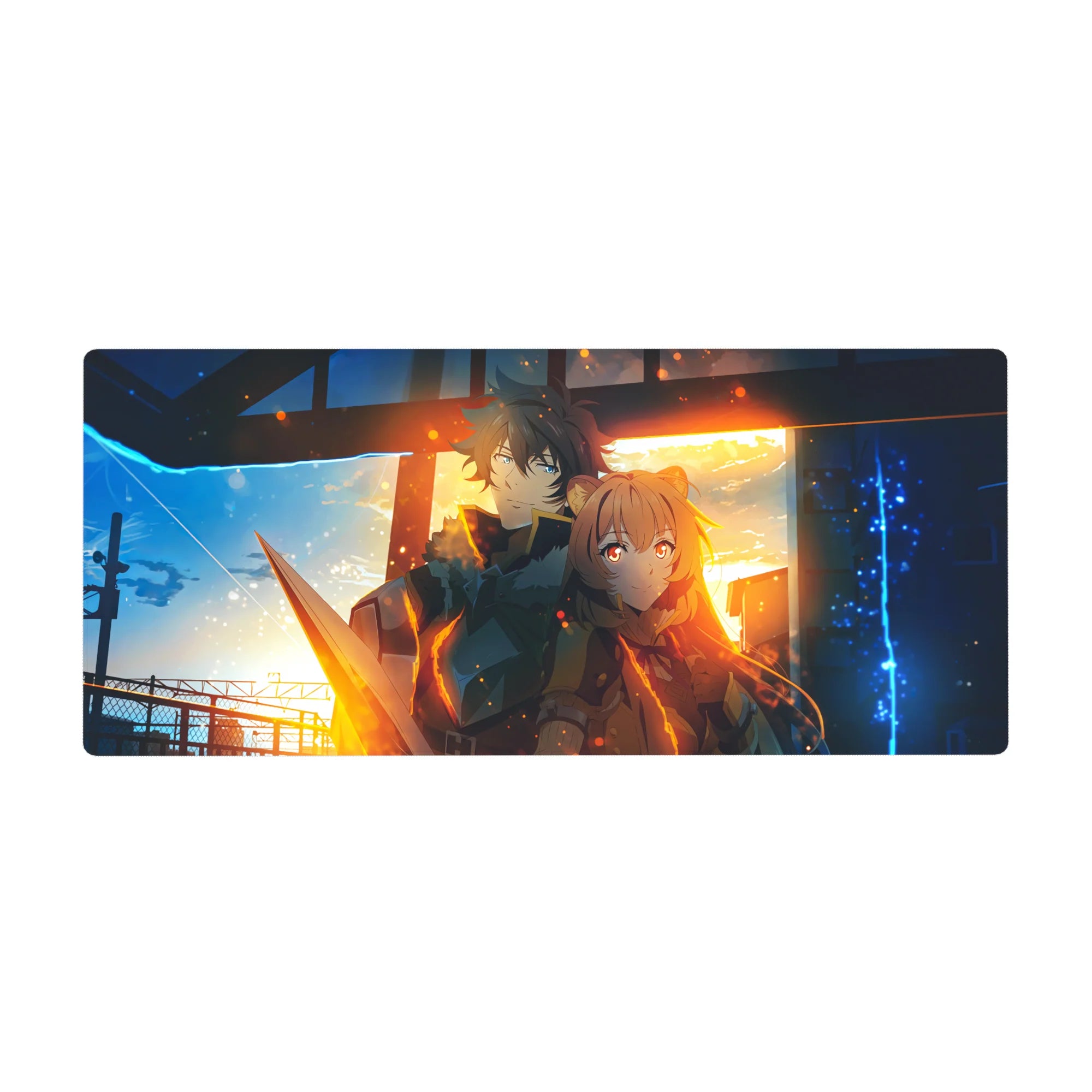Anime desk pad 36x16 inches with sunset train station scene, armored hero and fox-eared girl, embers.