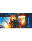 Anime desk pad 36x16 inches with sunset train station scene, armored hero and fox-eared girl, embers.