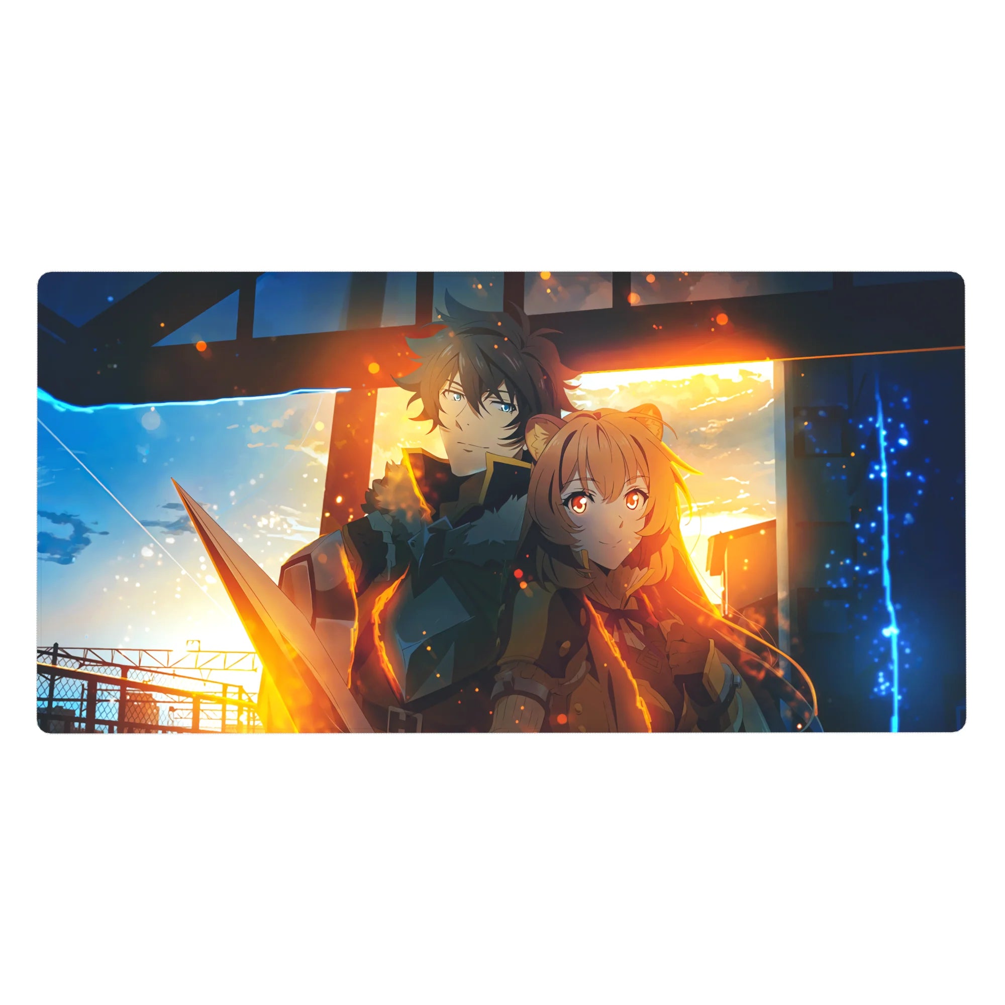 Sunset station anime desk pad 40x20 inches with armored hero, fox-eared girl, sparks, cinematic glow.