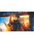 Sunset station anime desk pad 40x20 inches with armored hero, fox-eared girl, sparks, cinematic glow.