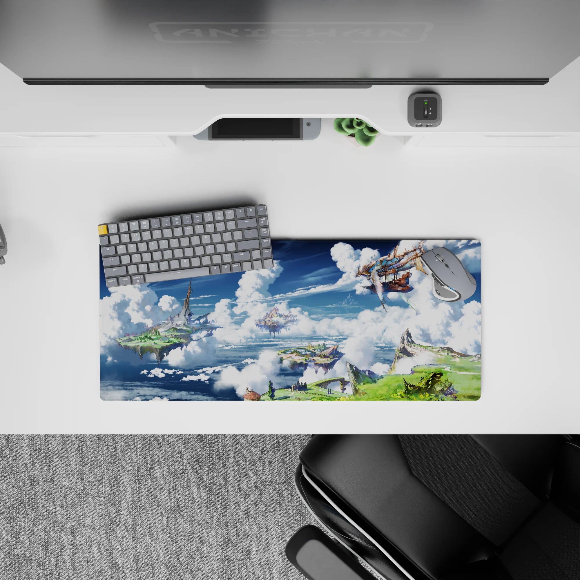 28x12 inches anime mouse pad in bright blues, icy whites, and warm sails for a calm dreamy desk vibe.