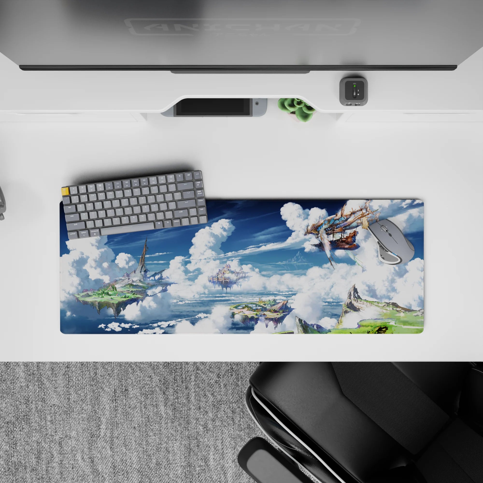 Dreamy blue-and-white anime mouse pad 32x12 inches with warm sails and crisp ocean-shadow tones.