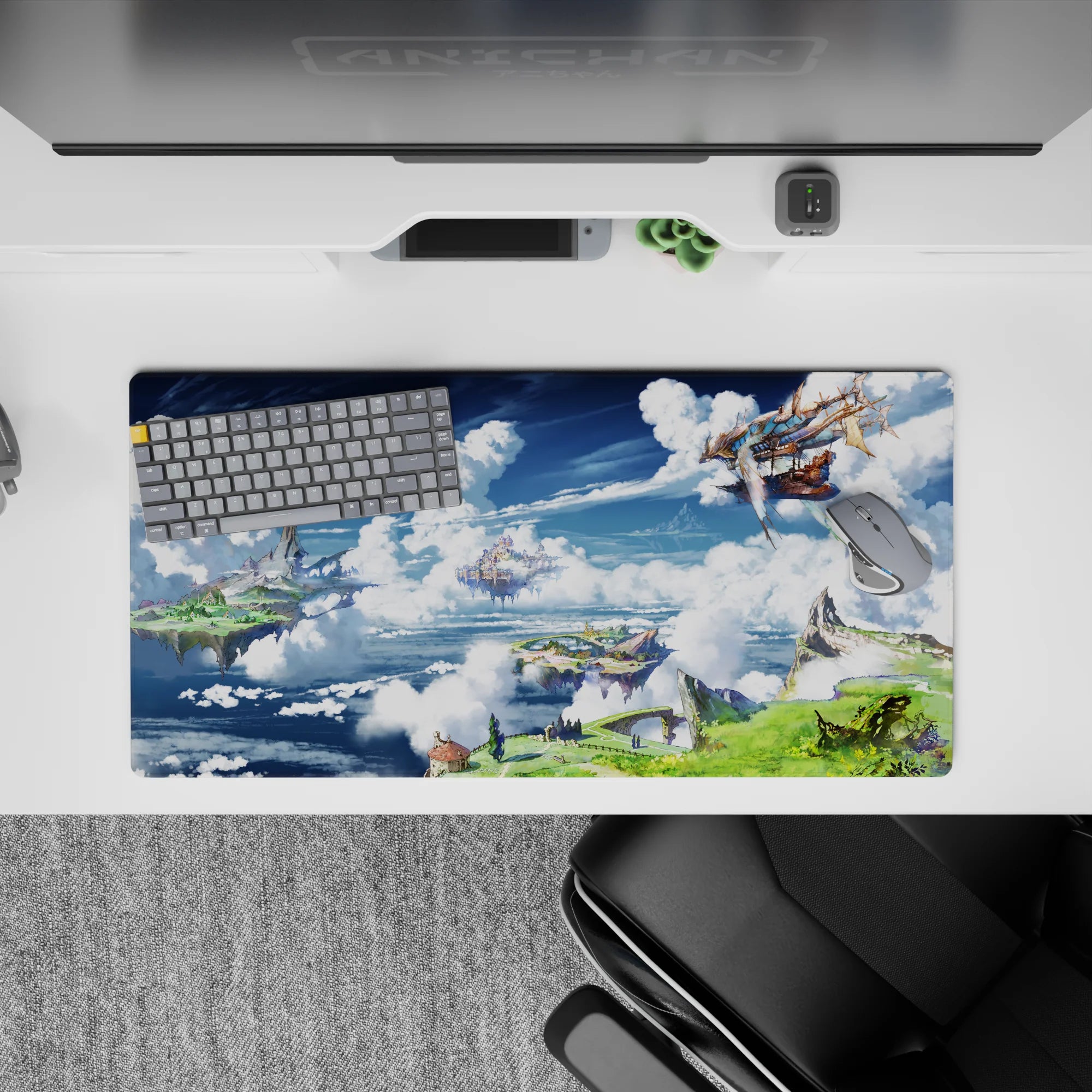 32x16 inches anime mouse pad in bright blues, icy whites, and deep shadows for a calm dreamy vibe.