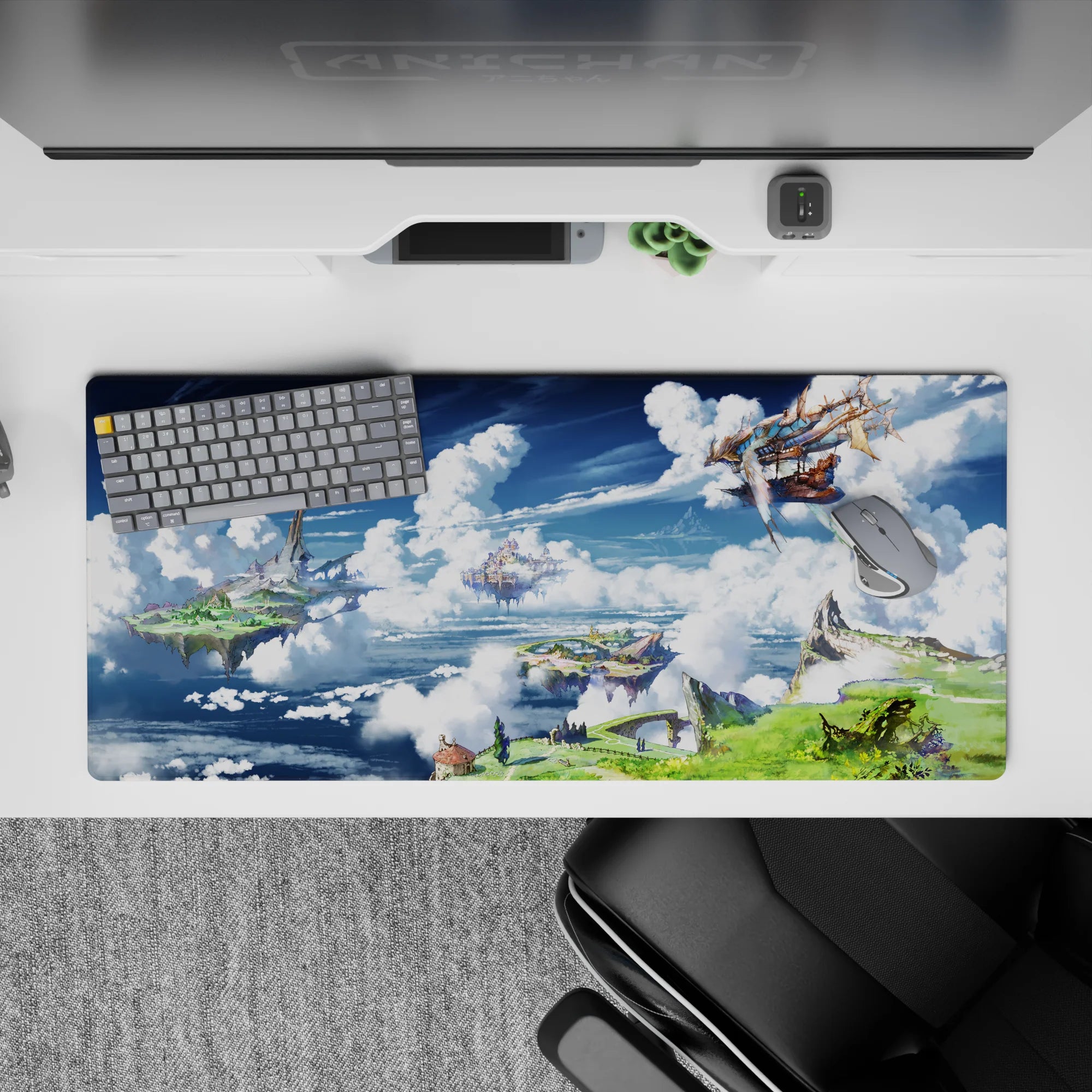 36x16 inches anime desk pad in bright blues, icy whites, and deep shadows for a calm, dreamy adventure mood.