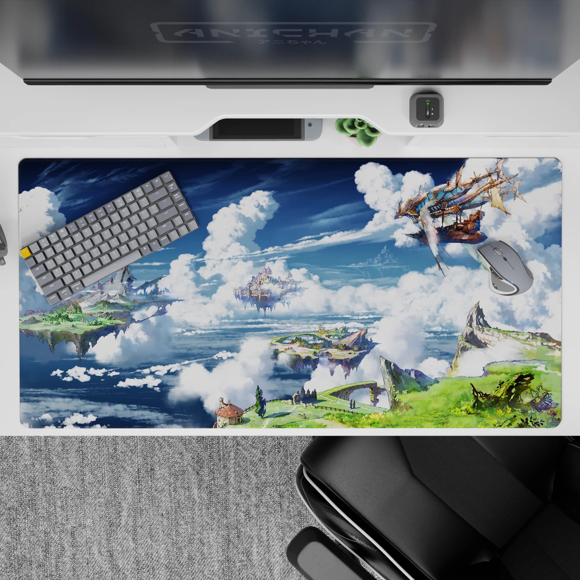 Dreamy blue-and-white anime desk pad 40x20 inches, warm glowing sails over cool sky shadows.