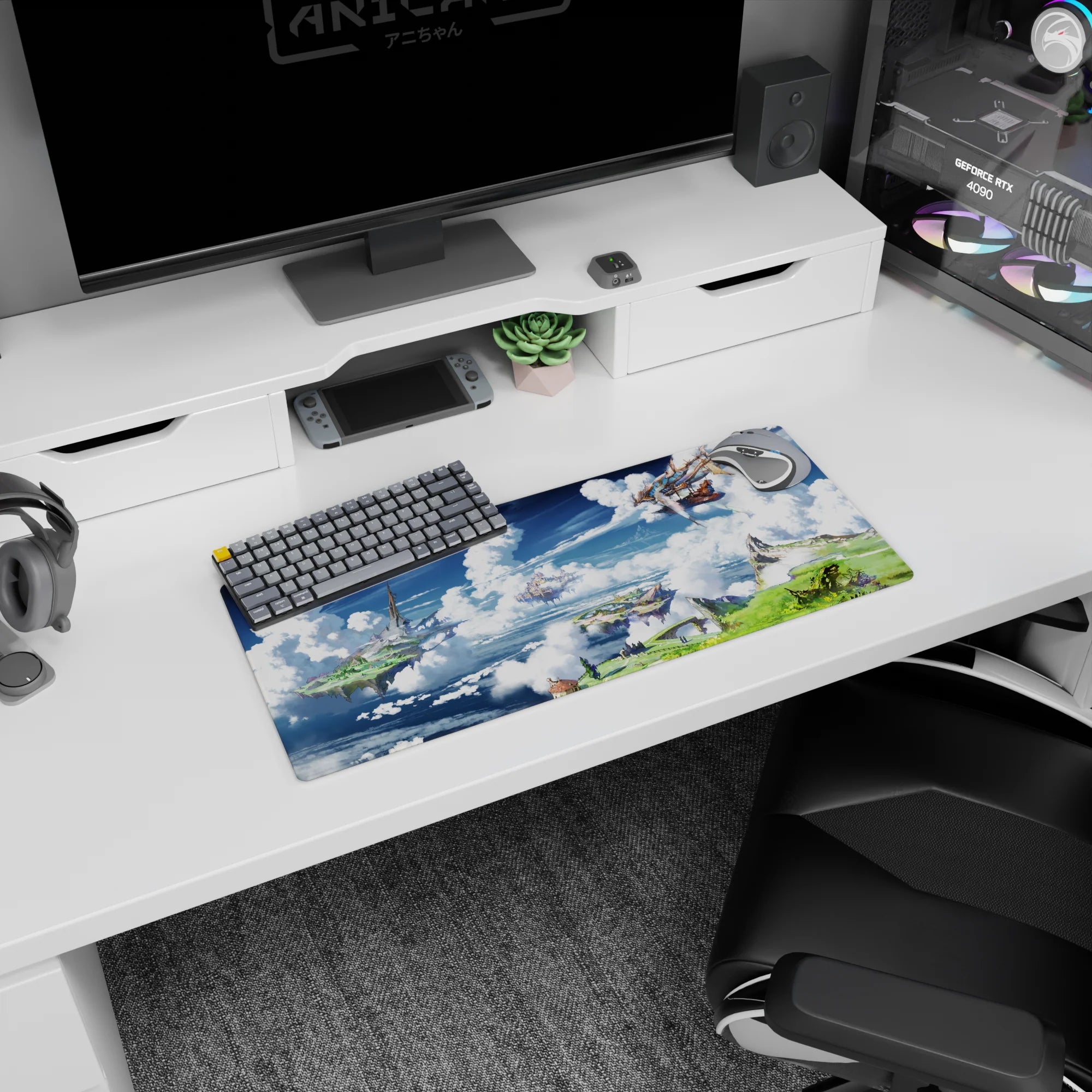 28x12 inches anime mouse pad showing a wooden airship sailing past cloud layers and floating island rooftops.