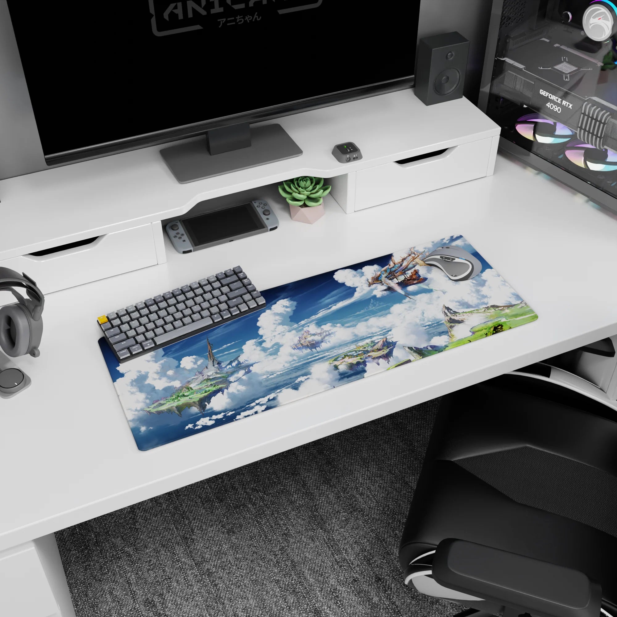 Wooden airship sailing past floating islands on an anime mouse pad 32x12 inches, calm adventure view.