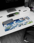 Wooden airship sailing past floating islands on an anime mouse pad 32x12 inches, calm adventure view.