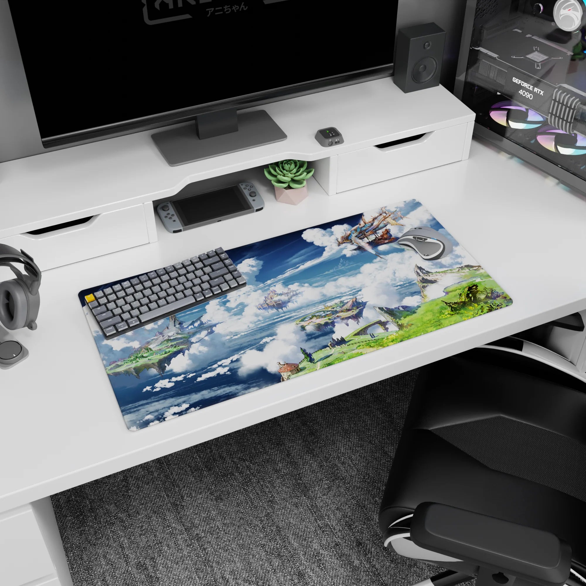 32x16 inches anime mouse pad showing a wooden airship sailing between floating islands and cloud layers.