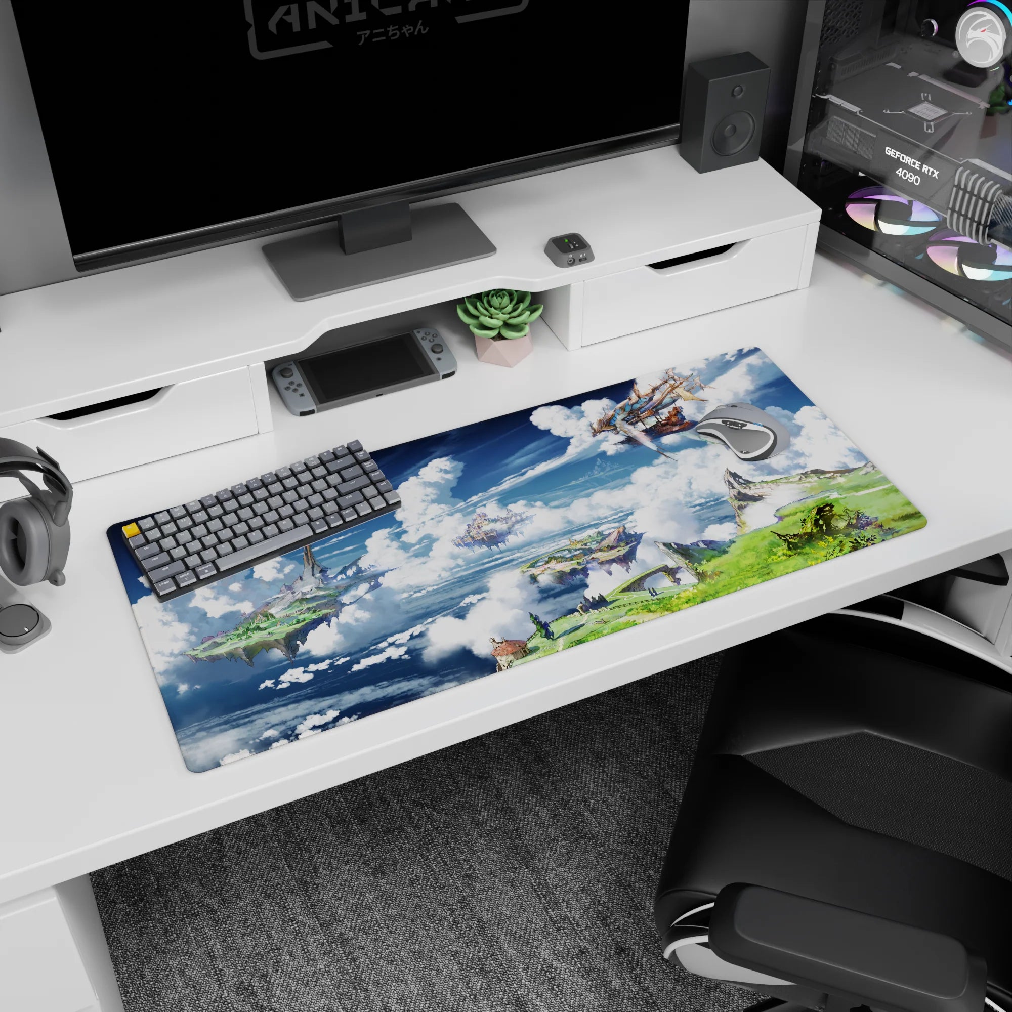 36x16 inches anime desk pad showing a wooden airship sailing past floating islands over soft cotton clouds.