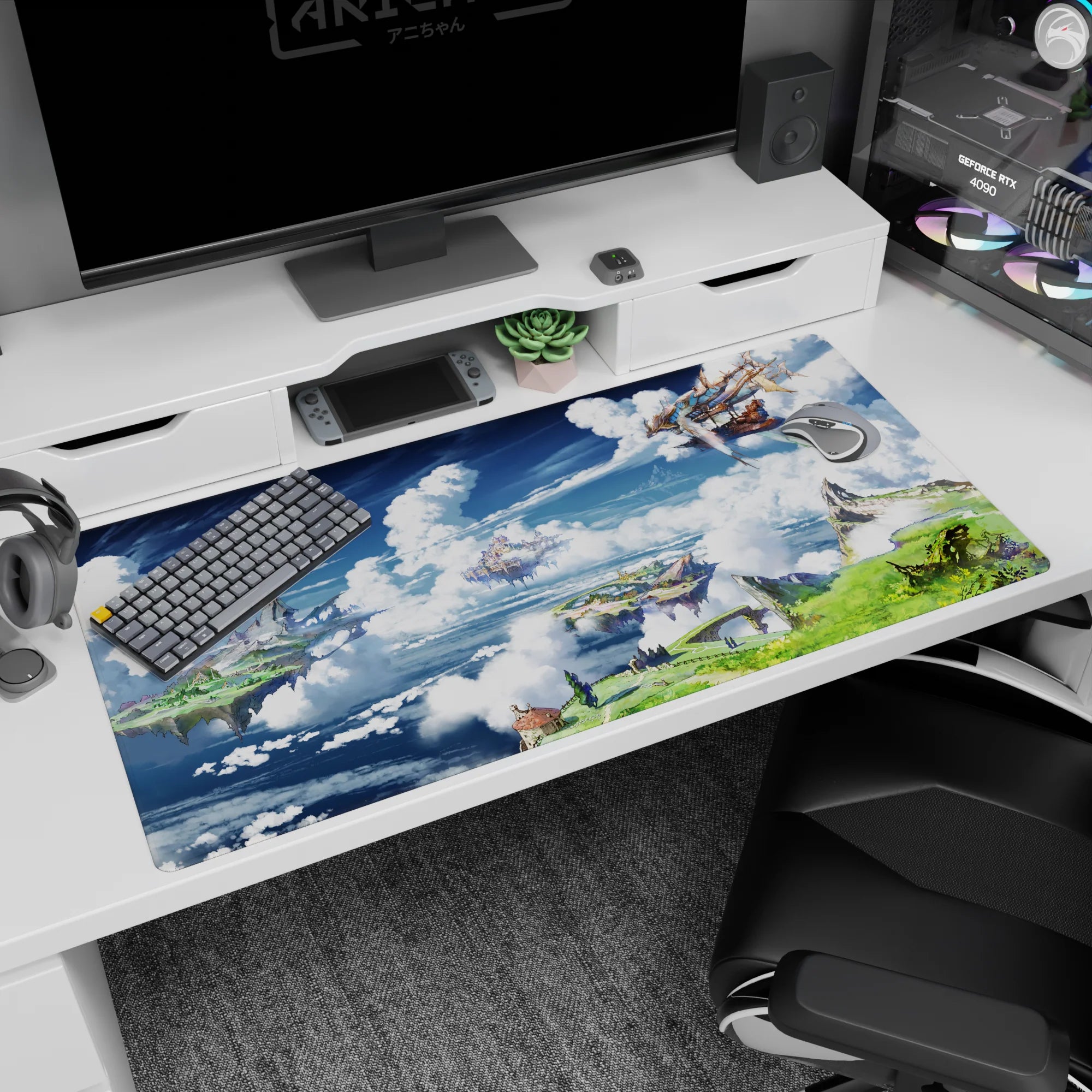 Anime desk pad 40x20 inches featuring a wooden airship flying past floating islands and rooftops.