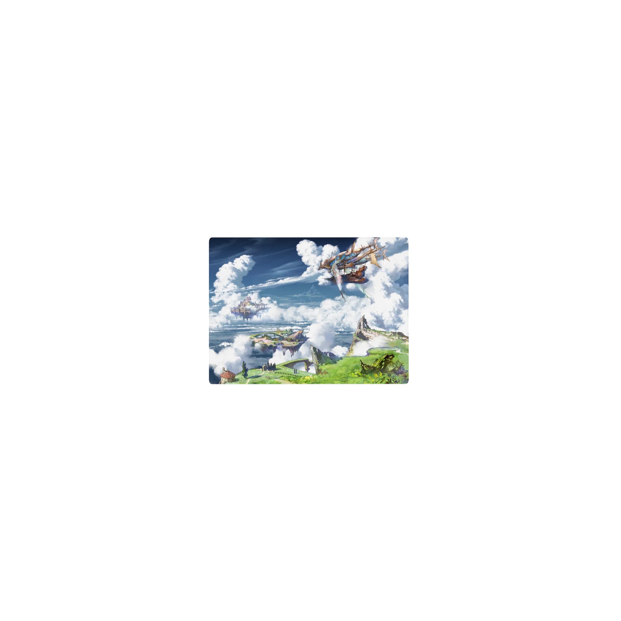 Classic anime mouse pad 14x10 inches with floating sky islands, cliffs, clouds, and a wooden airship map scene.