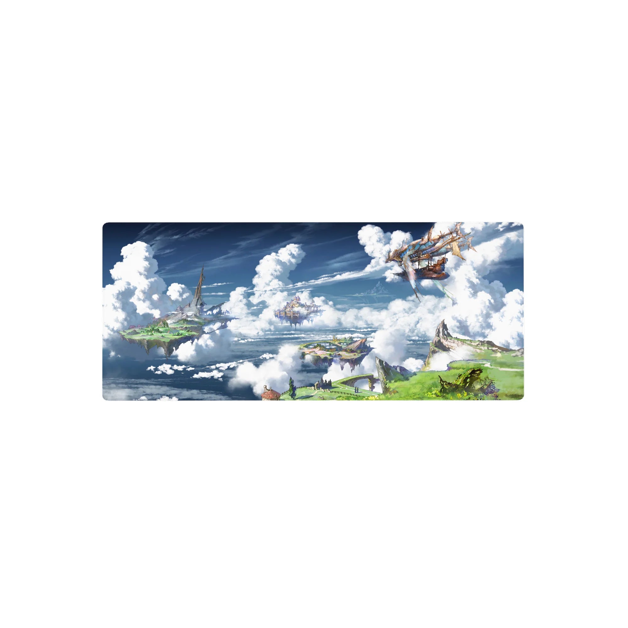 28x12 inches anime mouse pad with floating sky islands, cliffs, clouds, and a wooden airship map scene.