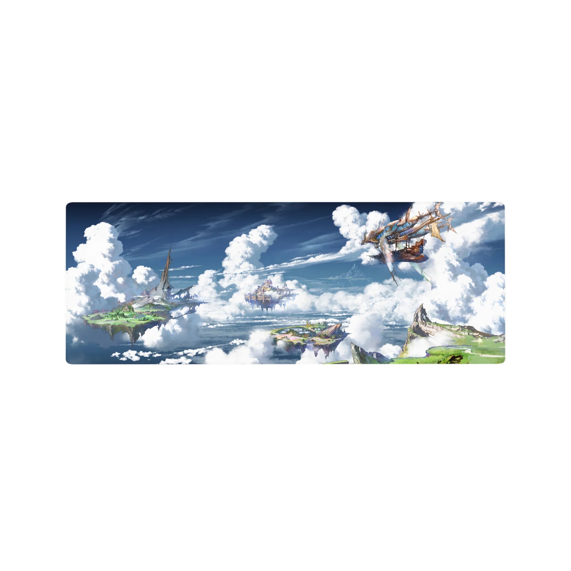 Anime mouse pad 32x12 inches with floating sky islands, cliffs, clouds, and a wooden airship map scene.