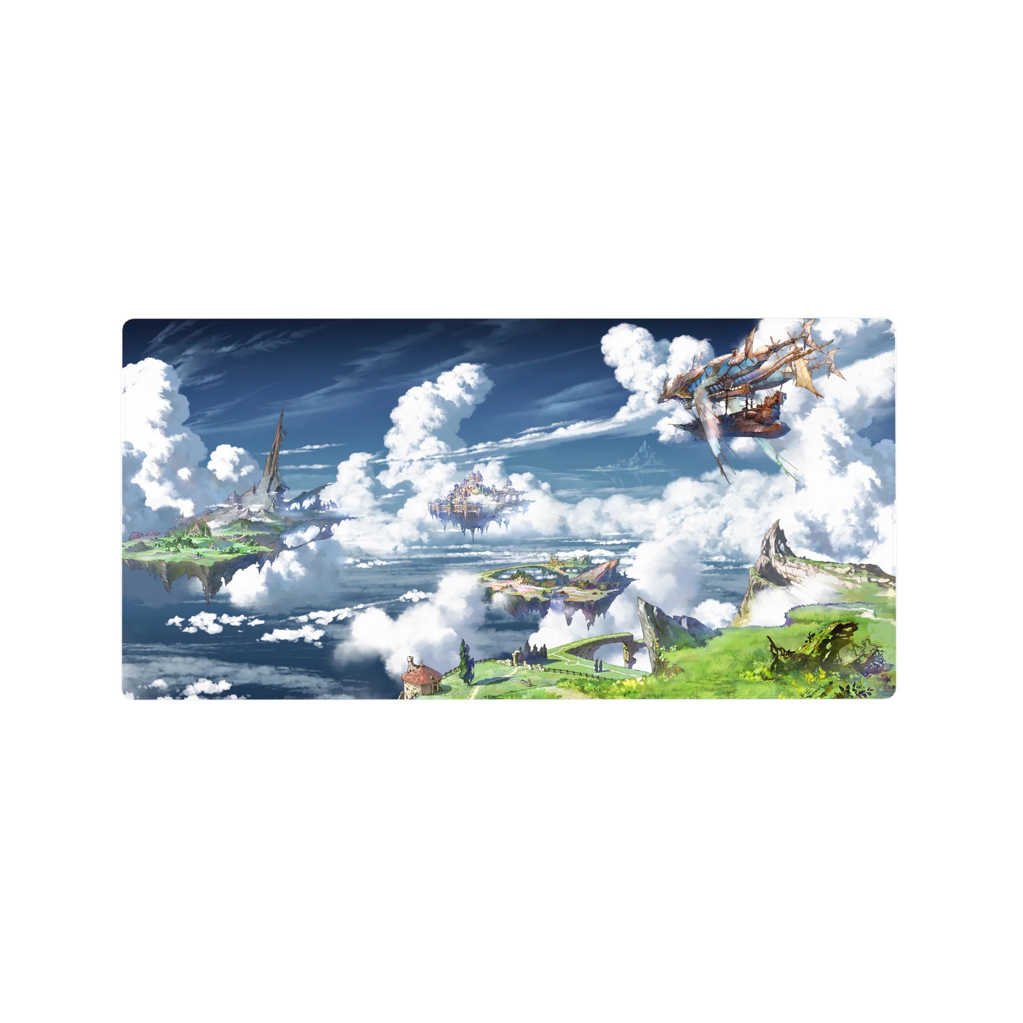 32x16 inches anime mouse pad with floating sky islands, cliffs, clouds, and a wooden airship map view.