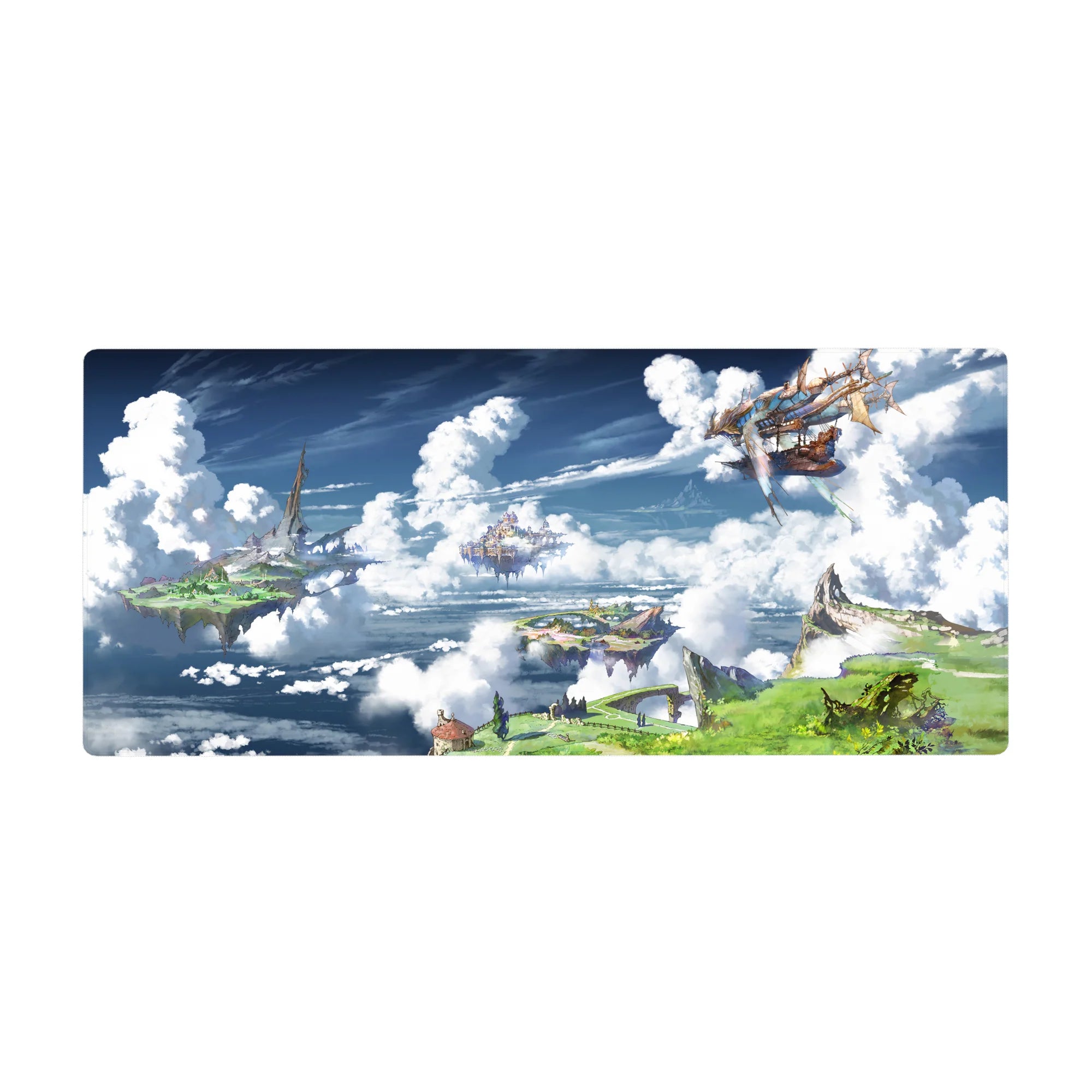 36x16 inches anime desk pad with floating sky islands, cliffs, cloud layers, and a wooden airship map view.