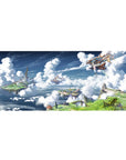 36x16 inches anime desk pad with floating sky islands, cliffs, cloud layers, and a wooden airship map view.