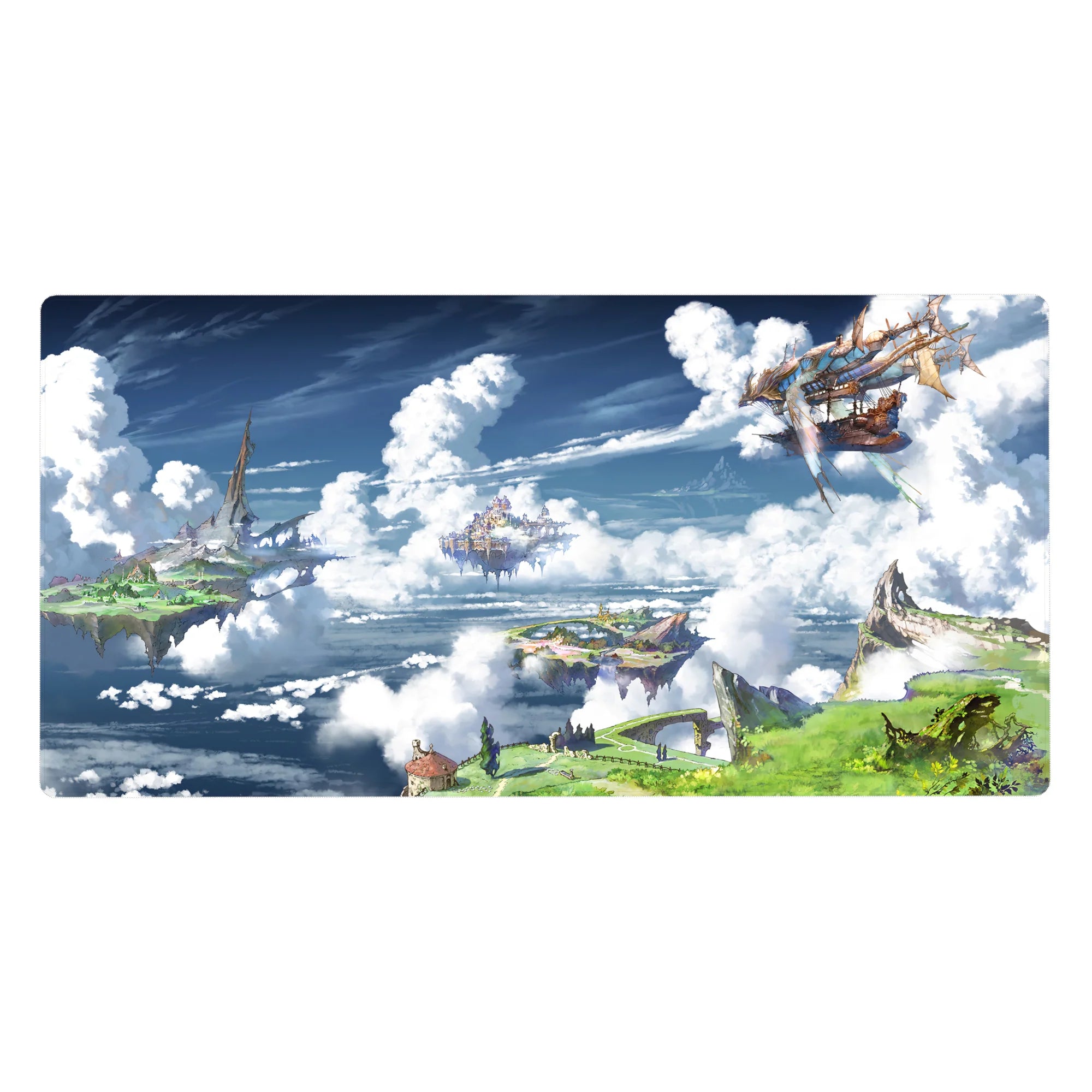 Anime desk pad 40x20 inches with floating sky islands, cliffs, clouds, and a wooden airship scene.