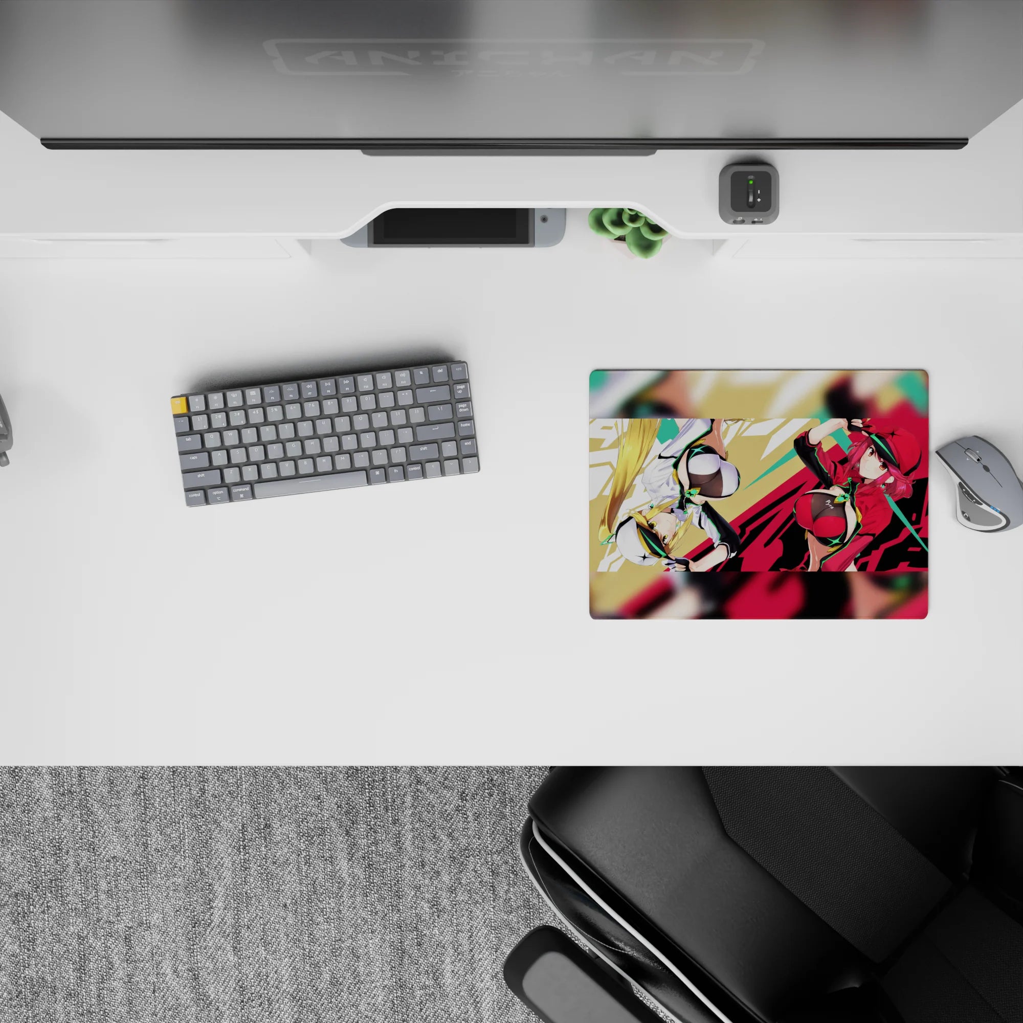 Neon green, red, and black anime girl mouse pad 14x10 inches with glossy, loud arcade-cute vibe.