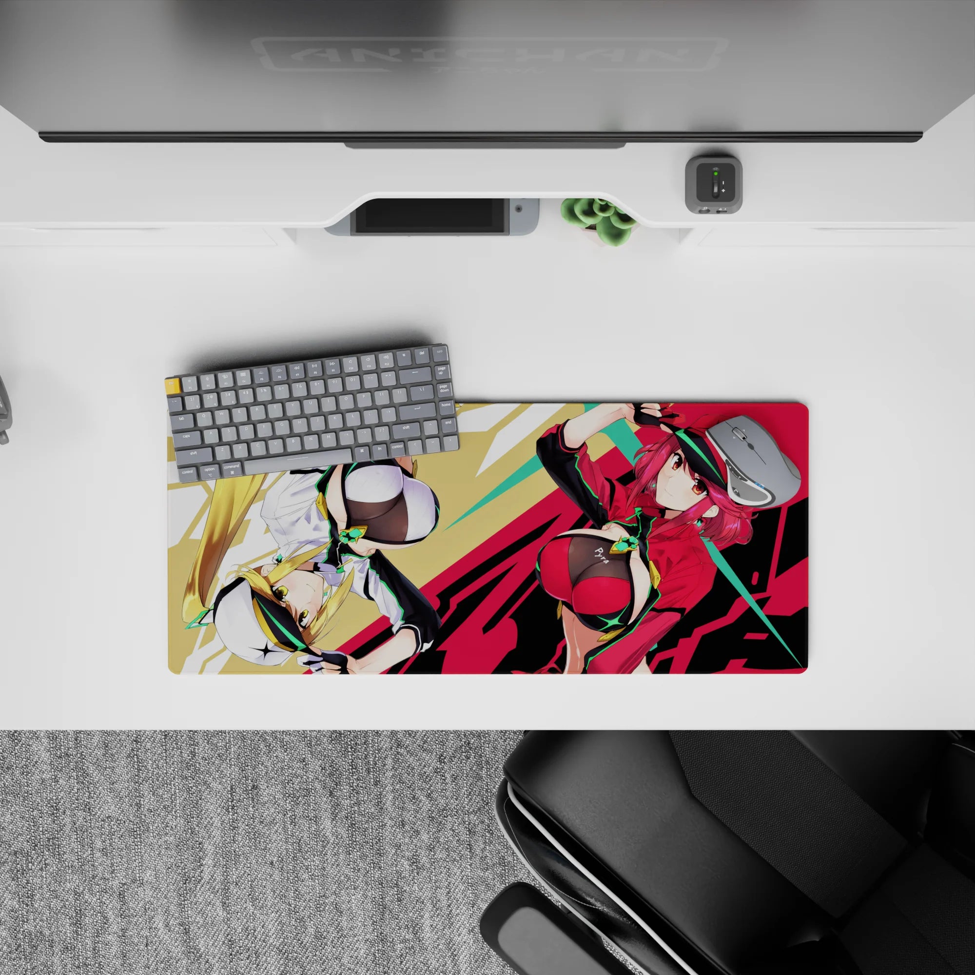 Neon green, red, and black anime girl mouse pad 28x12 inches with bold pop-art energy.