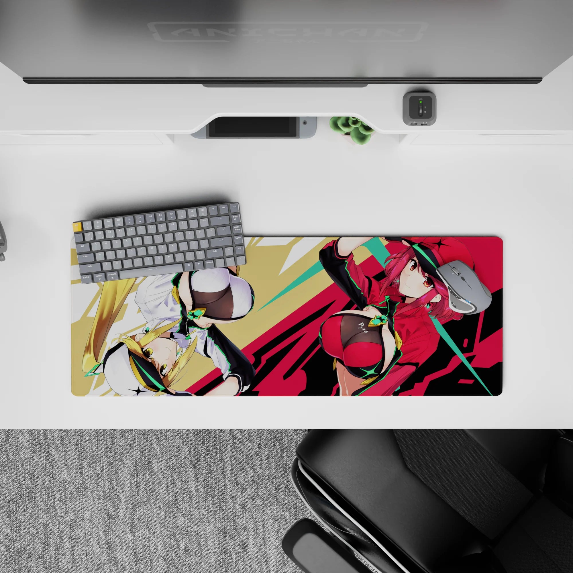 Neon green, glossy red and black anime girl mouse pad 32x12 inches with loud pop-art energy.