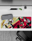 Neon green, glossy red and black anime girl mouse pad 32x12 inches with loud pop-art energy.